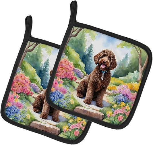 Caroline's Treasures Labradoodle Spring Path Pair of Pot Holders Kitchen Heat Resistant Pot Holders Sets Oven Hot Pads for Cooking Baking BBQ, 7 1/2 x 7 1/2