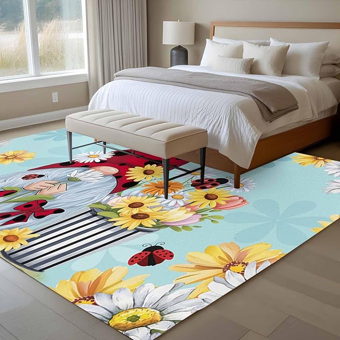 Area Rug 6x9ft, Summer Ladybug Gnome Daisy Flower Washable Rugs for Living Room Bedroom, Watercolor Bloom Floral on Blue Soft Non-Slip Area Rugs Rectangle Floor Carpet for Dining Room