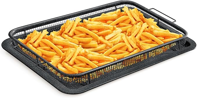 Bakken- Swiss Crisper Tray Gray Marble Coating - 2-Piece Set – Large, Non-Stick Basket Design for Healthier Cooking in Regular Ovens - Achieve Perfectly Crispy Chips, Bacon, and More