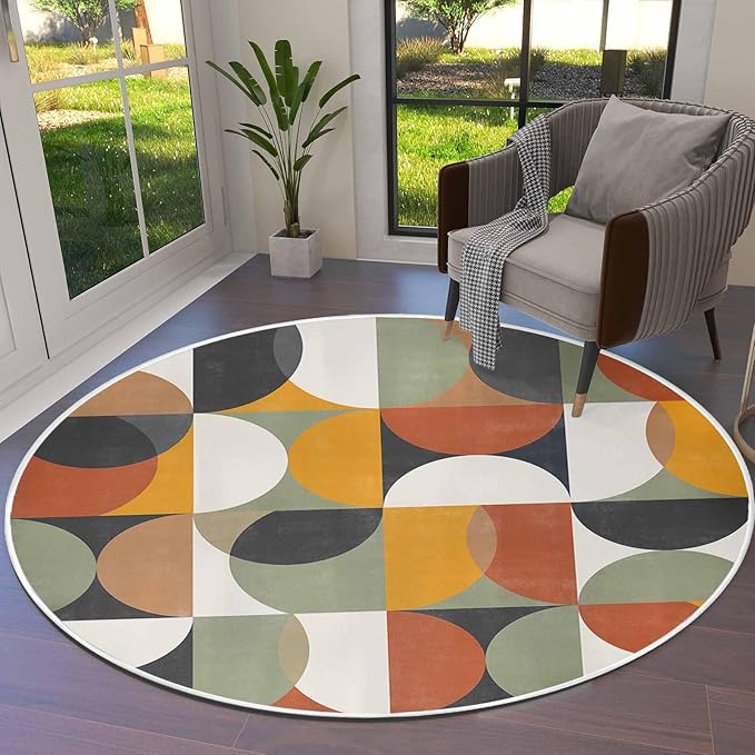 Round Area Rug,Mid Century Color Block Abstract Geometric Circle Living Room Rug Non-Slip Rugs Indoor Carpet,Colorful Nordic Style Soft Comfort Rugs for Bedroom KidsRoom Nursery