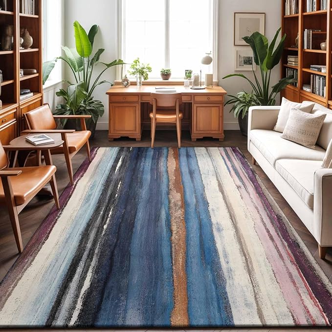 Area Rug 4x6ft, Modern Gradient Striped Art Washable Rugs for Living Room Bedroom, Retro Abstract Rustic Texture Soft Non-Slip Area Rugs Rectangle Floor Carpet for Dining Room