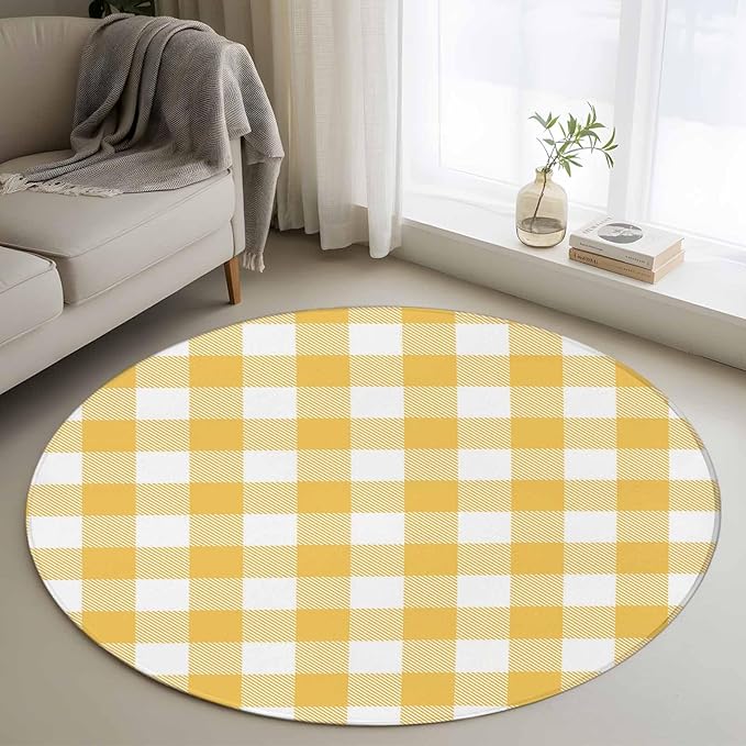 Washable Round Area Rug Rustic Country Yellow and White Buffalo Lattice Checked Circle Rugs Floor Carpet for Living Room Bedroom, Farm Style Soft Non Slip Round Rug 3ft