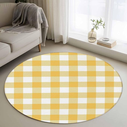 Washable Round Area Rug Rustic Country Yellow and White Buffalo Lattice Checked Circle Rugs Floor Carpet for Living Room Bedroom, Farm Style Soft Non Slip Round Rug 3ft