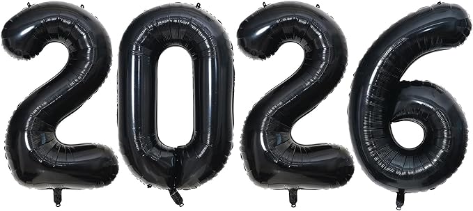 Black 2026 Balloons, 40" Large 2026 Black Balloons Helium Mylar Foil Balloons for 2026 New Year Graduation Party Decoration