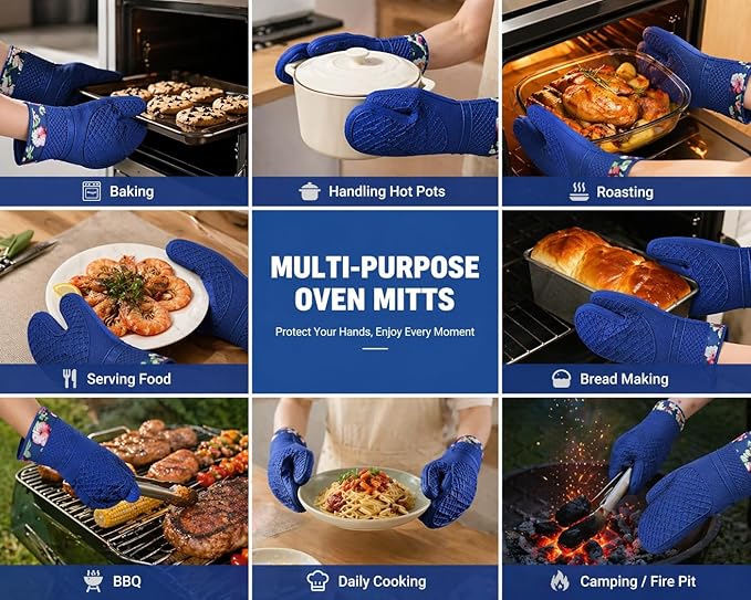 Pair of 2 Heat-Resistant Silicone Oven Mitts – Extra Long, Non-Slip Grip, Soft Cotton Lining, Perfect for Baking, Cooking & BBQ – 13” x 7” Kitchen Gloves (Blue Flora)