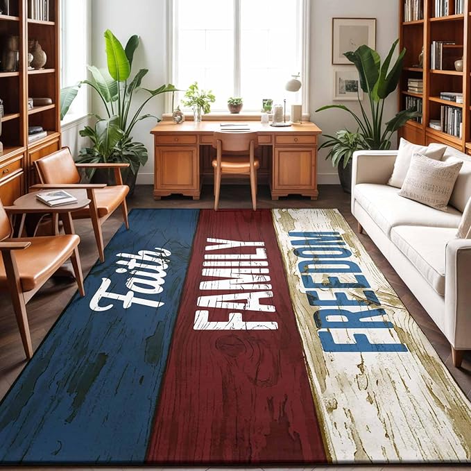 Area Rug 8x10ft, Independence Day USA Flag Washable Rugs for Living Room Bedroom, Vintage Wooden Grain Soft Non-Slip Area Rugs Rectangle Floor Carpet for Dining Room