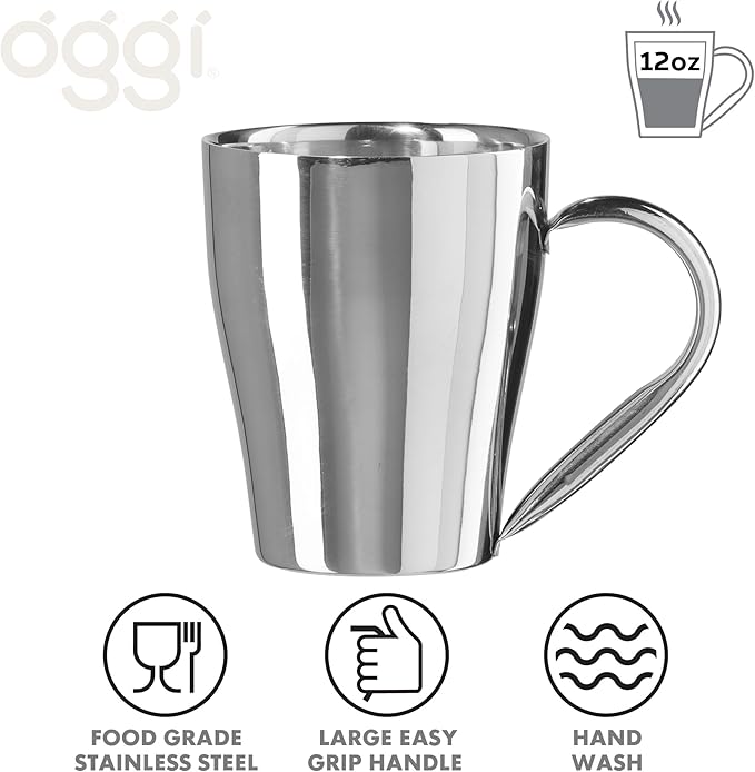 Oggi Insulated Coffee Mug 12oz - Dual Wall Stainless Steel Technology Coffee or Tea Mug with Elegant Mirror Finish, Ideal Used for Cappuccino, Latte and Americano Coffee