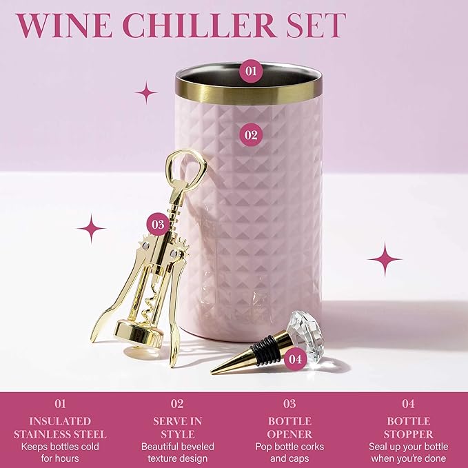 Paris Hilton Wine Bottle Chiller Set, Insulated Double Wall Chiller, Gold Winged Corkscrew Wine Bottle Opener, Diamond Wine Stopper, 3-Piece Set, Pink