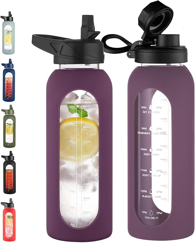 CIVAGO 40 oz Glass Water Bottle with Straw and Handle, Large Sports Motivational Water Bottle Flask with Time Marker and 2 Lids, Leakproof Water Jug Canteen with Silicone Sleeve for Gym, Mauve