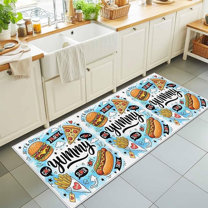 Runner Rug for Bedroom Hallway, Cartoon Food Abstract Graffiti Kitchen Runner Rugs Area Rug 2x6ft, Blue Sky with Clouds Washable Soft Floor Carpet for Entryway Stair
