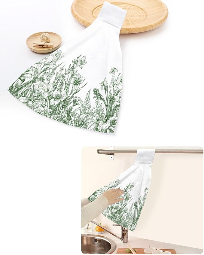 Alandar Home Kitchen Tie Towel Set of 1, Green Flowers Iris Lavender Leaves Absorbent Soft Hand Towels for Bathroom Hanging Towels, Spring Botanical Fast Drying Cleaning Cloth with Loop