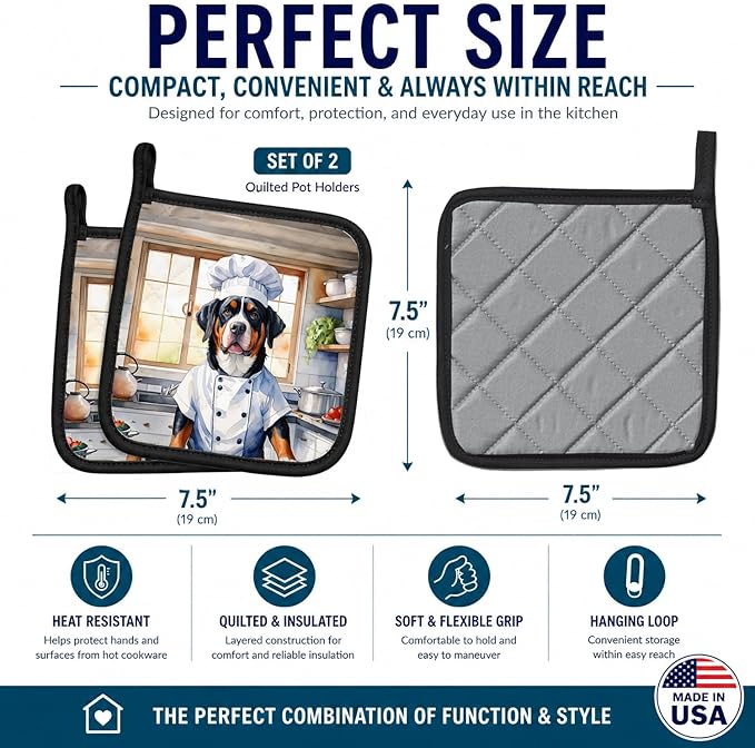 Caroline's Treasures Greater Swiss Mountain Dog The Chef Pair of Pot Holders Kitchen Heat Resistant Pot Holders Sets Oven Hot Pads for Cooking Baking BBQ, 7 1/2 x 7 1/2