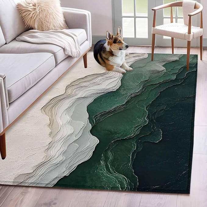 Area Rug 4x6ft, Rustic Green Gray White Mountain Range Washable Rugs for Living Room Bedroom, Abstract Art Soft Non-Slip Area Rugs Rectangle Floor Carpet for Dining Room
