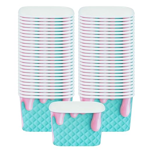Restaurantware Paper Cups 200 Count 12 Ounce Square Disposable Ice Cream Containers, Leak-Resistant Paper Dessert To Go Cups, Hot And Cold Food, Durable Bubblegum Splash Design