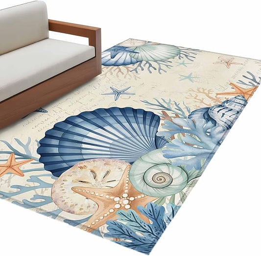 Area Rug 3x5ft, Summer Blue Shells Starfish Washable Rugs for Living Room Bedroom, Vintage Coral Shells Fish Soft Non-Slip Area Rugs Rectangle Floor Carpet for Dining Room