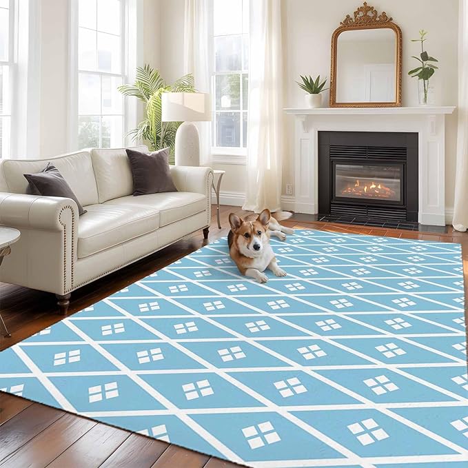 Area Rug 9x12ft, Boho Blue White Plaid Line Washable Rugs for Living Room Bedroom Rectangle Floor Carpet, Abstract Geometric Diamond Soft Non-Slip Area Rugs for Dining Room