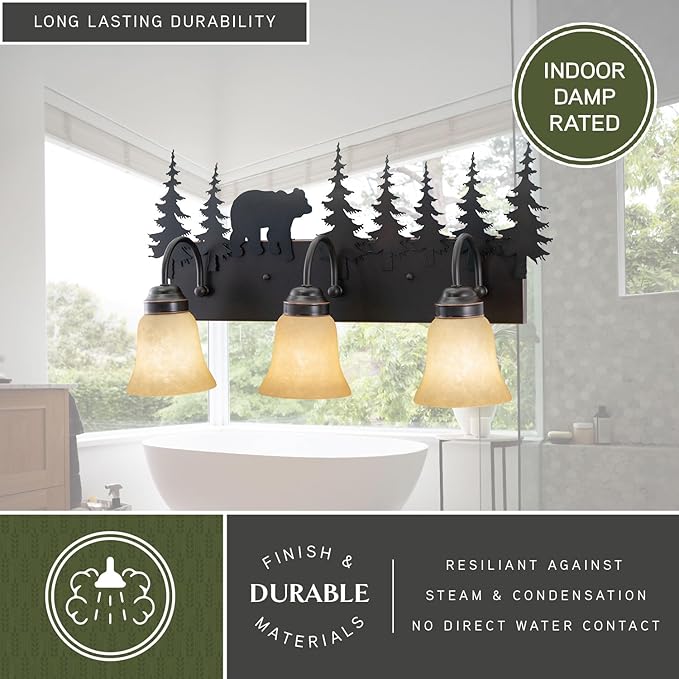 VAXCEL Bozeman 3-Light 24.75 inch Wide Burnished Bronze Rustic Cabin Bathroom Vanity Lighting Fixture, Amber Flake Glass Shade, Bear and Trees, Dimmable, LED Compatible, Over the Mirror Wall Mounted