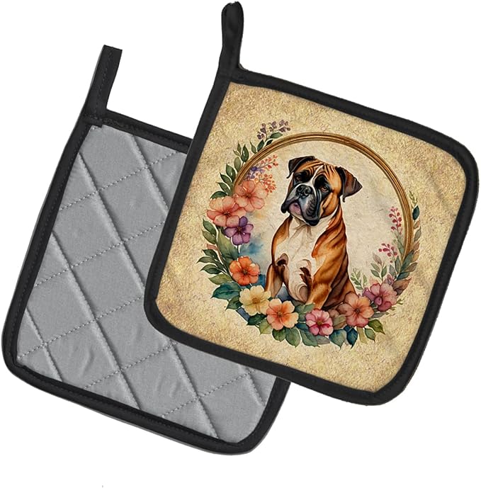 Caroline's Treasures Boxer and Flowers Pair of Pot Holders Kitchen Heat Resistant Pot Holders Sets Oven Hot Pads for Cooking Baking BBQ, 7 1/2 x 7 1/2