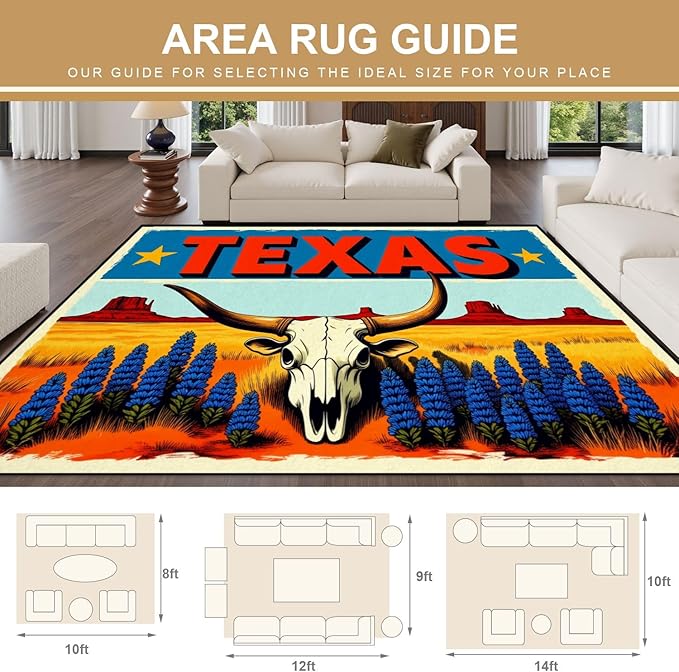 8x10 Area Rugs for Bedroom Boho Washable Man Cave Rug for Living Room Texas Desert Landscape Longhorn Skull Bluebonnets Bold Retro Soft Rubber Backed Non-Slip Large Carpets for Boys