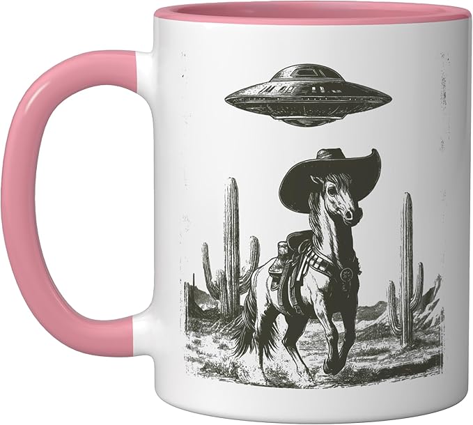 Funny Alien UFO Cowboy Horse Desert Cactus Western Graphic Ceramic Mug, Pink/White