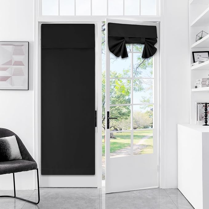 WdFour Small French Door Curtains with Silky Feel Thermal Insulated Noise Reducing Blackout Curtains for Glass Door Office (25W x 80L, 1 Panel, Black)