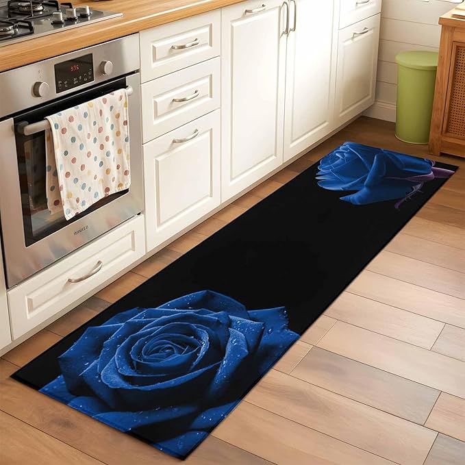 Runner Rug for Bedroom Hallway, Abstract Garden Blue Rose Kitchen Runner Rugs Area Rug 2x6ft, Classic Country Floral Washable Soft Floor Carpet for Entryway Stair