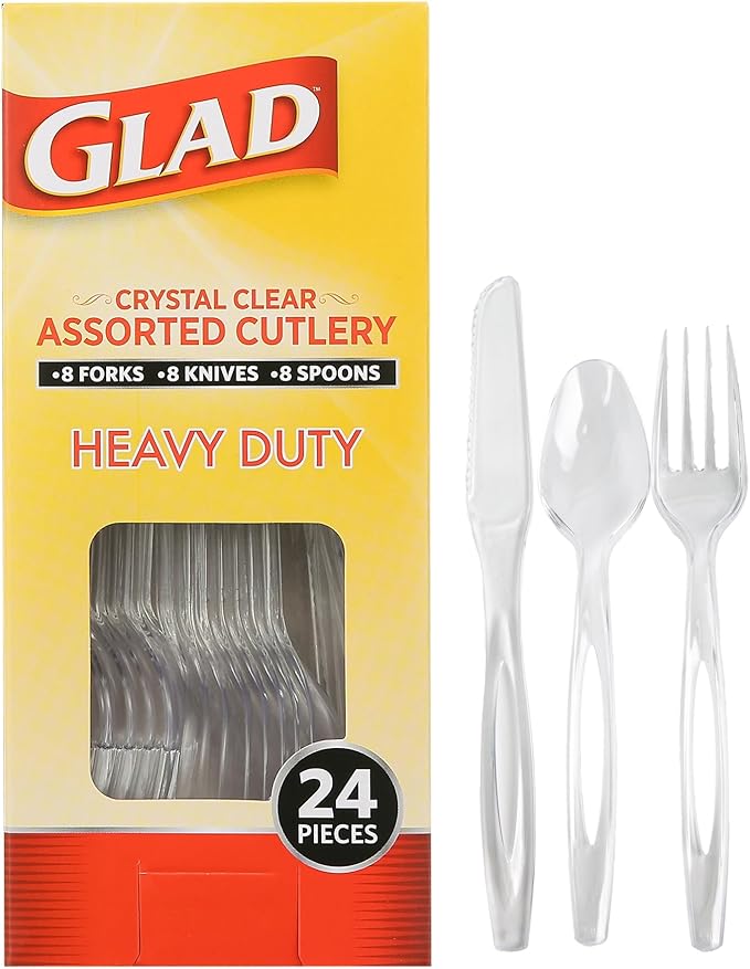 Glad Clear Disposable Cutlery Set with Heavy Duty Plastic Forks, Knives, and Spoons, Reusable Dishwasher Safe Plastic Utensils for Parties and Everyday Use, 24 Count