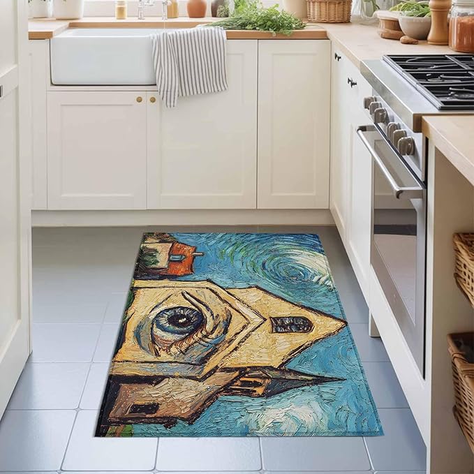 Area Rug 2x3ft, Abstract Farmhouse Starry Night Eye Washable Rugs for Living Room Bedroom, Rustic Oil Painting Art Soft Non-Slip Area Rugs Rectangle Floor Carpet for Dining Room