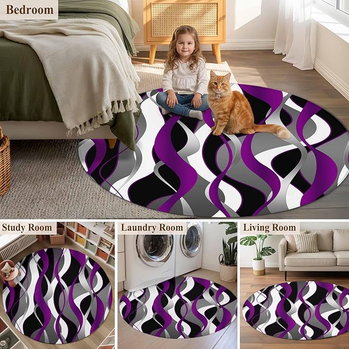 Washable Round Area Rug Abstract Purple Gray Black White Stripes Circle Rugs Floor Carpet for Living Room Bedroom, Modern Lines Soft Non Slip Round Rug 3ft