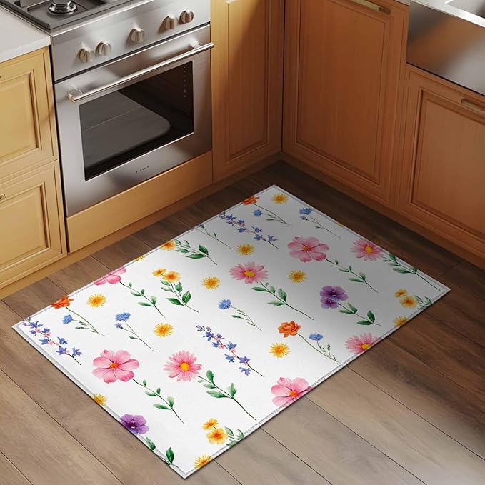 Area Rug 2x3ft, Watercolor Farmhouse Flower Washable Rugs for Living Room Bedroom, Yellow Pink Purple Blue Floral Soft Non-Slip Area Rugs Rectangle Floor Carpet for Dining Room