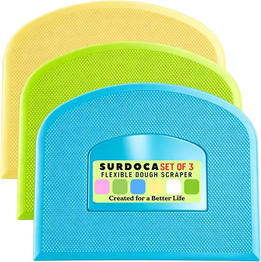 SURDOCA Dough Scraper Bench Scraper - 3P 9.5x6.1" Plastic Flexible Bowl Scraper, Sharp Edge & Angles Cake Scraper. Non-Slip Bakeware Decorating Tools Sculpting & Modeling Tools - Blue+Yellow+Green