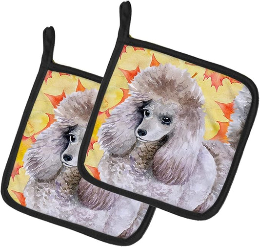 Caroline's Treasures BB9926PTHD Poodle Fall Pair of Pot Holders, Yellow Kitchen Heat Resistant Pot Holders Sets Oven Hot Pads for Cooking Baking BBQ, 7 1/2 x 7 1/2