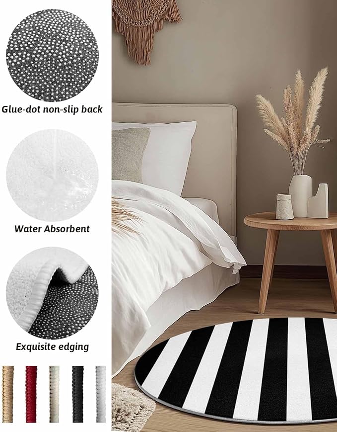 Round Area Rug,Black and White Stripe Circle Living Room Rug Non-Slip Rugs Indoor Carpet,Geometric Modern Minimalist Art Soft Comfort Rugs for Bedroom KidsRoom Nursery