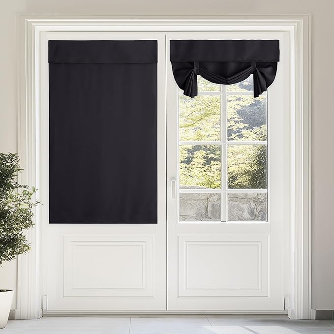 NICETOWN French Door Curtains, Thermal Insulated Privacy Blackout Door Window Tie up Curtains for Entryway Front Door, 1 Panel, 46 x 63 inch Long, Black