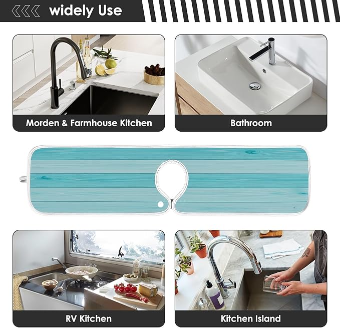 Teal Turquoise Green Wood Water Splash Guard Faucet Drip Catcher Thicken Sponge Microfiber Sink Absorbent Mat for Kitchen 30x5in 2 Pack