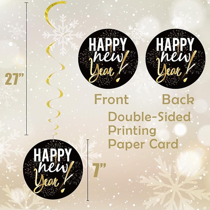 GOER 2026 New Year Festival Party Supplies 31 Pcs Hanging Swirl and Celebration Card,Gold and Black Party Supplies for 2026 New Year Eve Decorations