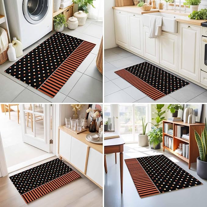 Area Rug 2x3ft, Halloween Polka Dots Orange Stripes Washable Rugs for Living Room Bedroom, Seamless Dot on Black Soft Non-Slip Area Rugs Rectangle Floor Carpet for Dining Room