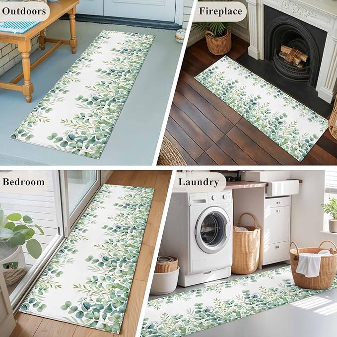 Sage Green Eucalyptus Leaves 2x6 Kitchen Runner Rug, Farmhouse Botanical Non-Skid Rubber Backing Large Rectangle Rugs - Living Room Bedroom Home Office, Country Indoor Floor Mat Carpets Washable Rug