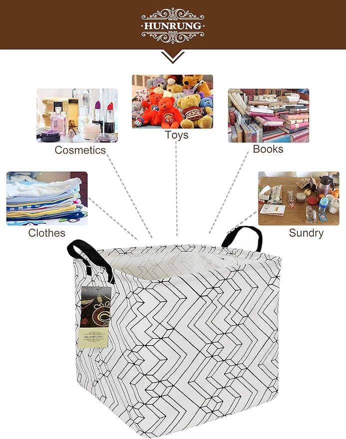 HUNRUNG Square Storage Bins Nursery Hamper Canvas Laundry Basket Foldable with Waterproof Nursery Boxes for Shelves/Gift Baskets/Toy Organizer/Office, Bedroom (Square-black transverse geometry)