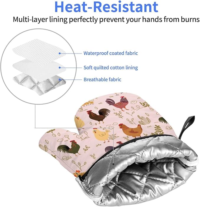 Chicken Pattern Oven Mitts of 2-Pack Set, Funny Kitchen Gloves Heat Resistant Non-Slip Kitchen Mitts Safe Cooking Baking Grilling
