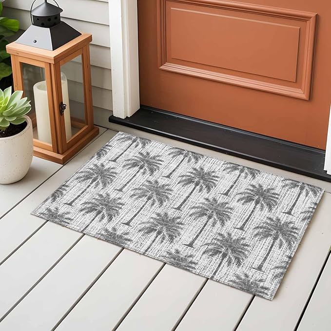 Area Rug 2x3ft, Summer Palm Tree Retro Linen Washable Rugs for Living Room Bedroom, Tropical Gray Botanical Soft Non-Slip Area Rugs Rectangle Floor Carpet for Dining Room
