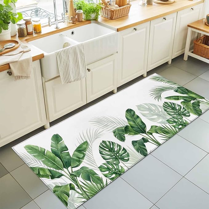 Runner Rug for Bedroom Hallway, Watercolor Green Tropical Leaves Kitchen Runner Rugs Area Rug 2x6ft, Botanical Palm Leaf Plants Washable Soft Floor Carpet for Entryway Stair