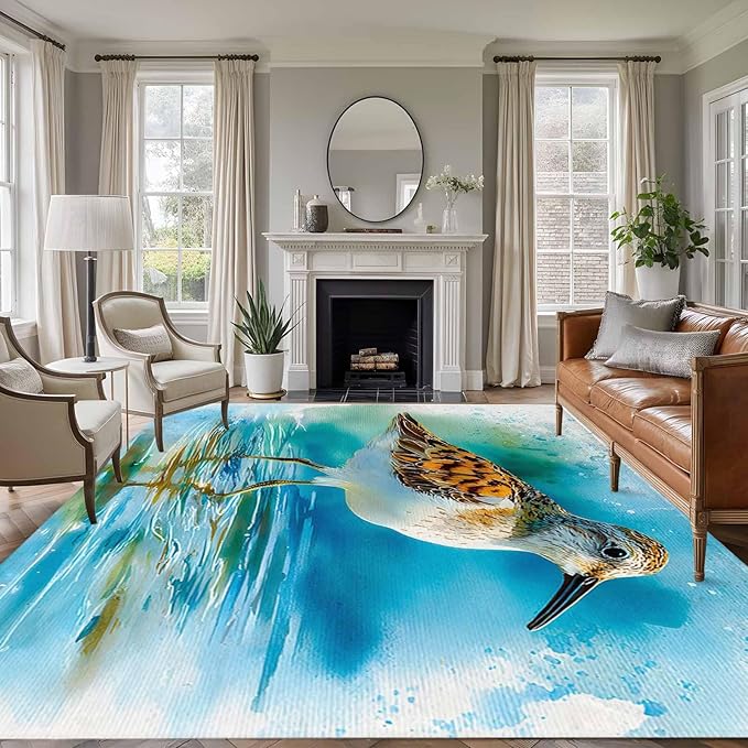 Area Rug 8x10ft, Natural Lake Bird Water Reflection Washable Rugs for Living Room Bedroom, Animal Splatter Art Soft Non-Slip Area Rugs Rectangle Floor Carpet for Dining Room