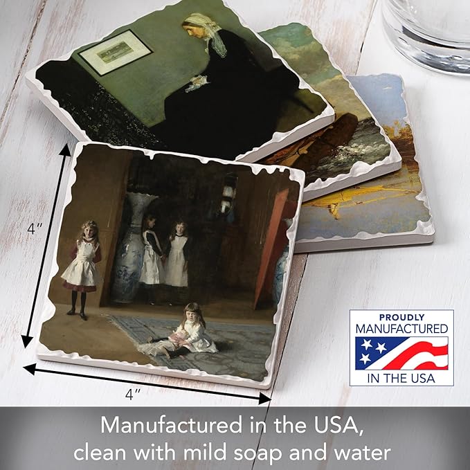 Thirstystone American Artists 4 Pack Assorted Tumbled Tile Stone Coasters with Protective Cork Backing Manufactured in The USA Absorbent Easily Wipes Clean
