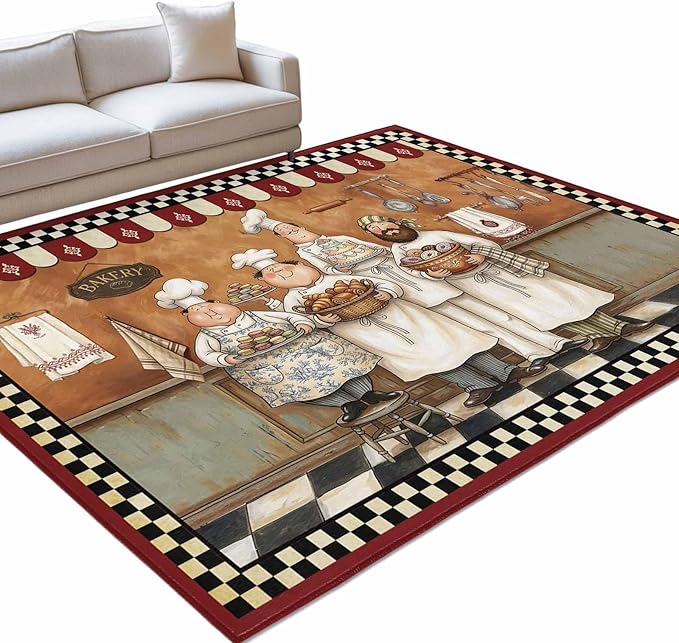 Area Rug 9x12ft, Farmhouse Cartoon Chef Washable Rugs for Living Room Bedroom Rectangle Floor Carpet, Cooking Theme Black White Checkered Soft Non-Slip Area Rugs for Dining Room