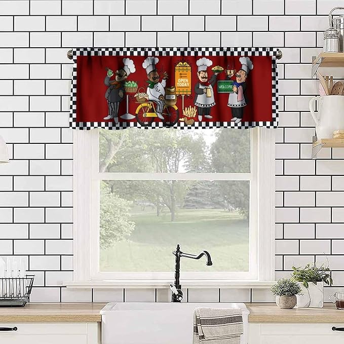 Funny Chef Kitchen Valance, Vintage Checkered Cartoon Bakers Coffee Short Window Drapes for Kitchen Dining Room Resturant Bedroom, 54x18Inch