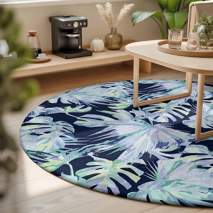 Washable Round Area Rug Watercolor Blue Teal Palm Leaves Circle Rugs Floor Carpet for Living Room Bedroom, Abstract Botanical Soft Non Slip Round Rug 3ft