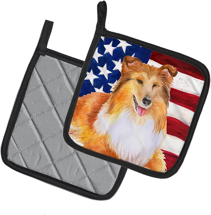 Caroline's Treasures BB9720PTHD Sheltie Patriotic Pair of Pot Holders Kitchen Heat Resistant Pot Holders Sets Oven Hot Pads for Cooking Baking BBQ, 7 1/2 x 7 1/2