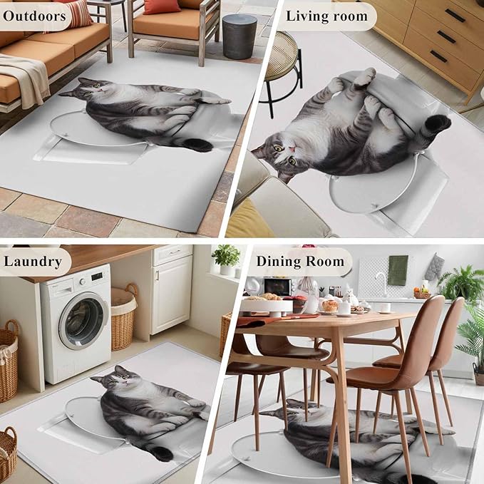 Area Rug 4x6ft, Cute Funny Cat on The Toilet Washable Rugs for Living Room Bedroom, Animal Grey Art Soft Non-Slip Area Rugs Rectangle Floor Carpet for Dining Room