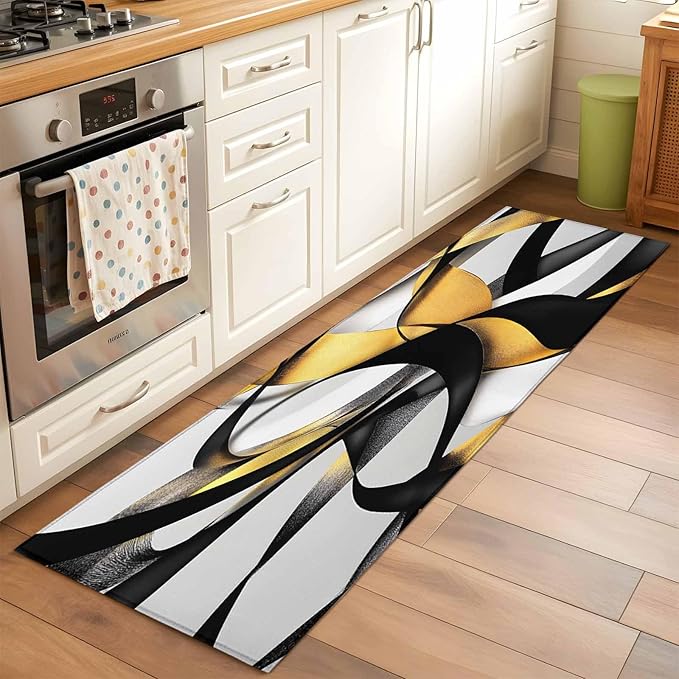 Runner Rug for Bedroom Hallway, Modern Geometric Stripe Texture Kitchen Runner Rugs Area Rug 2x6ft, Abstract Gold Black White Line Washable Soft Floor Carpet for Entryway Stair